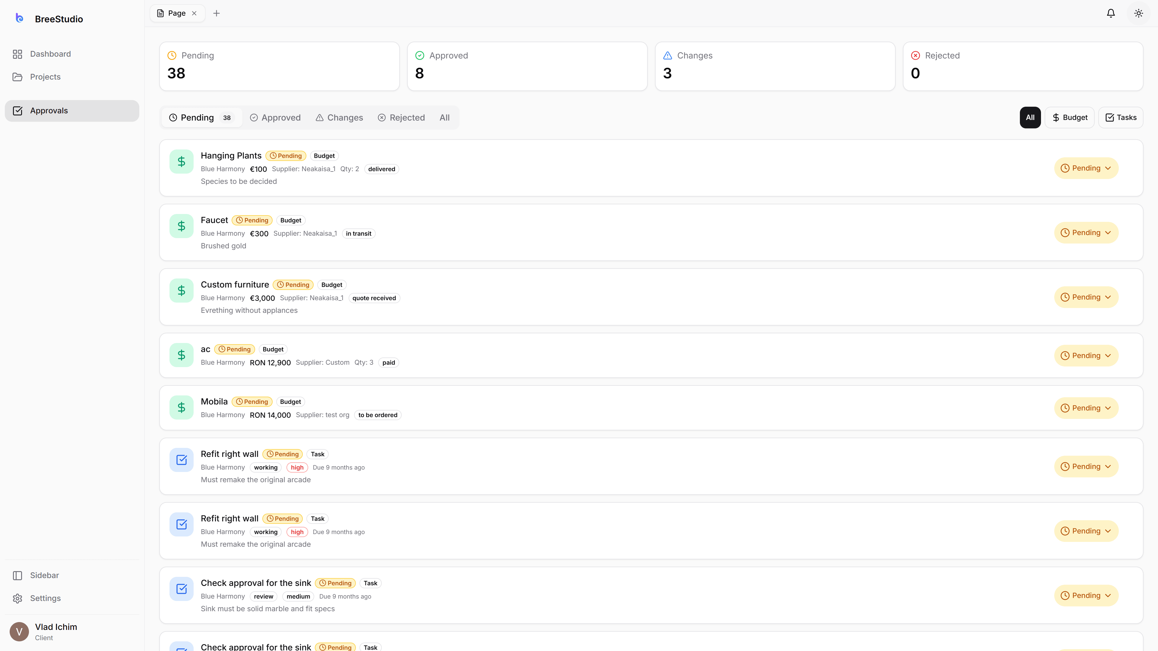 Client approval interface — light mode
