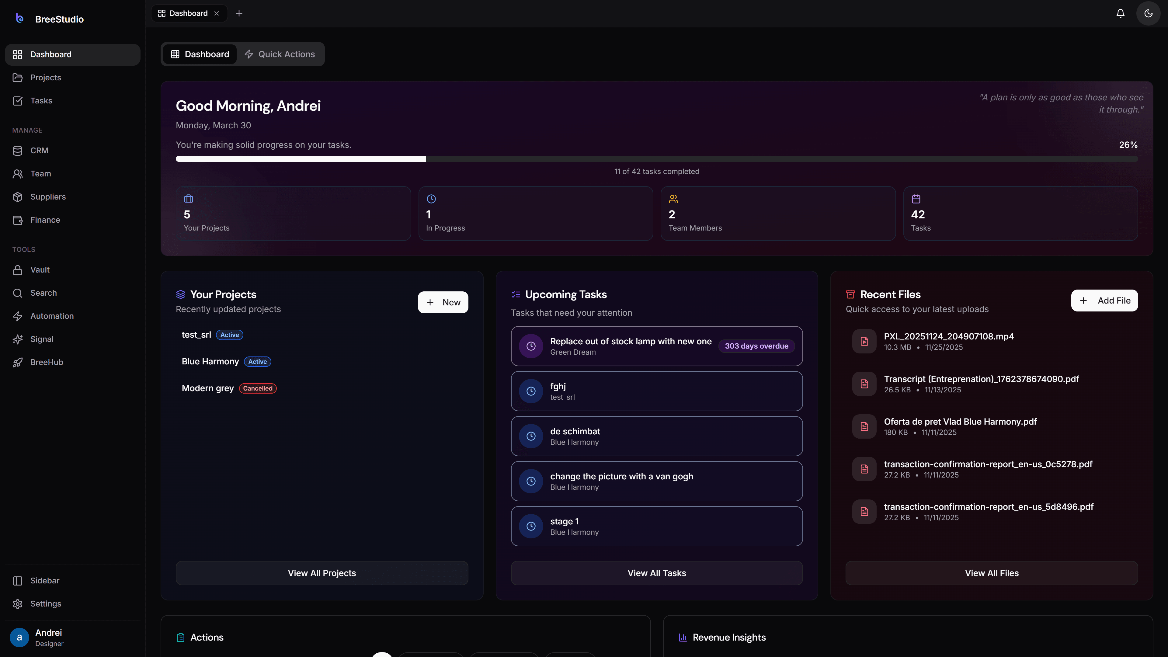 Design studio dashboard interface in dark mode