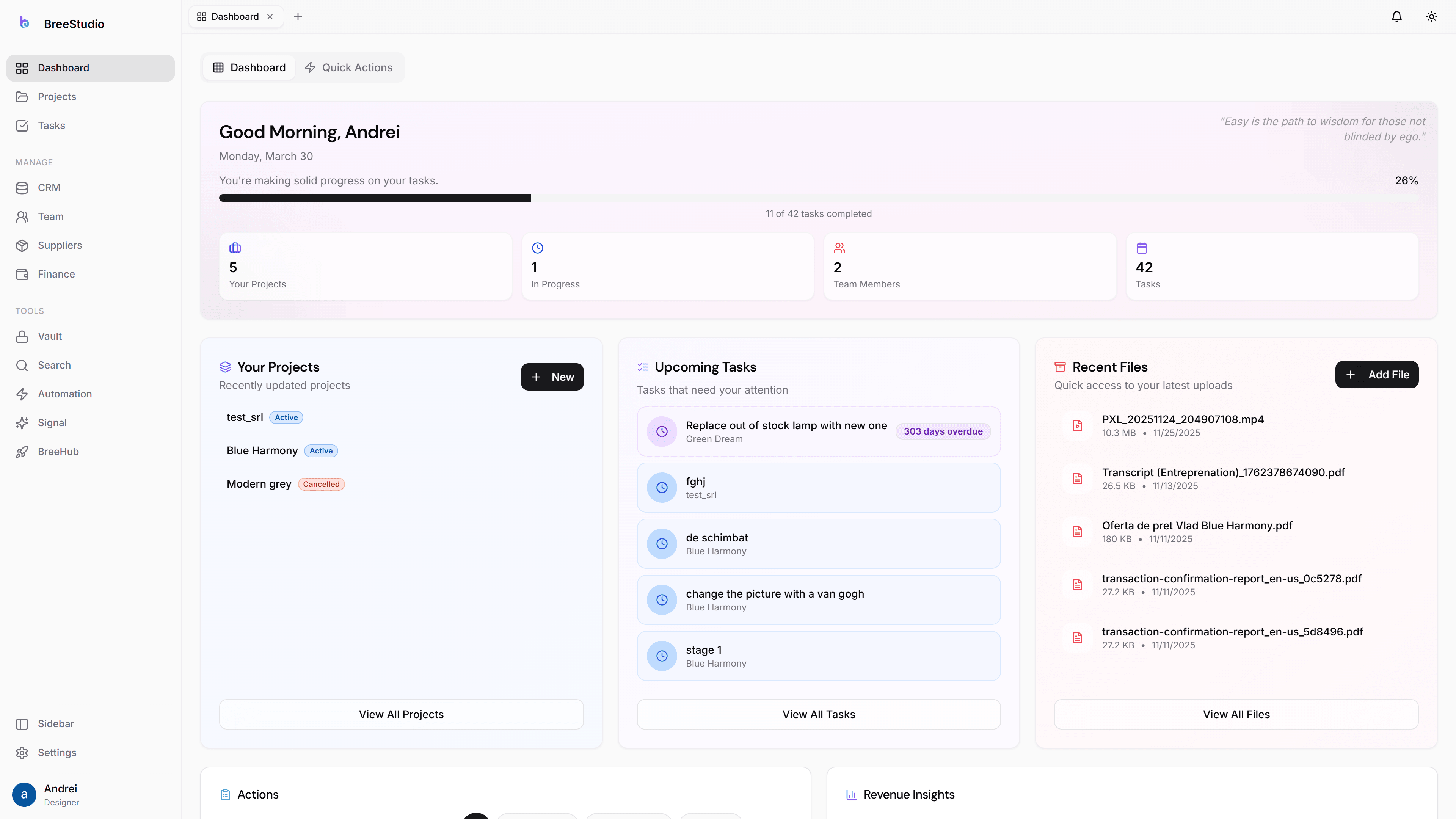 Design studio dashboard interface in light mode