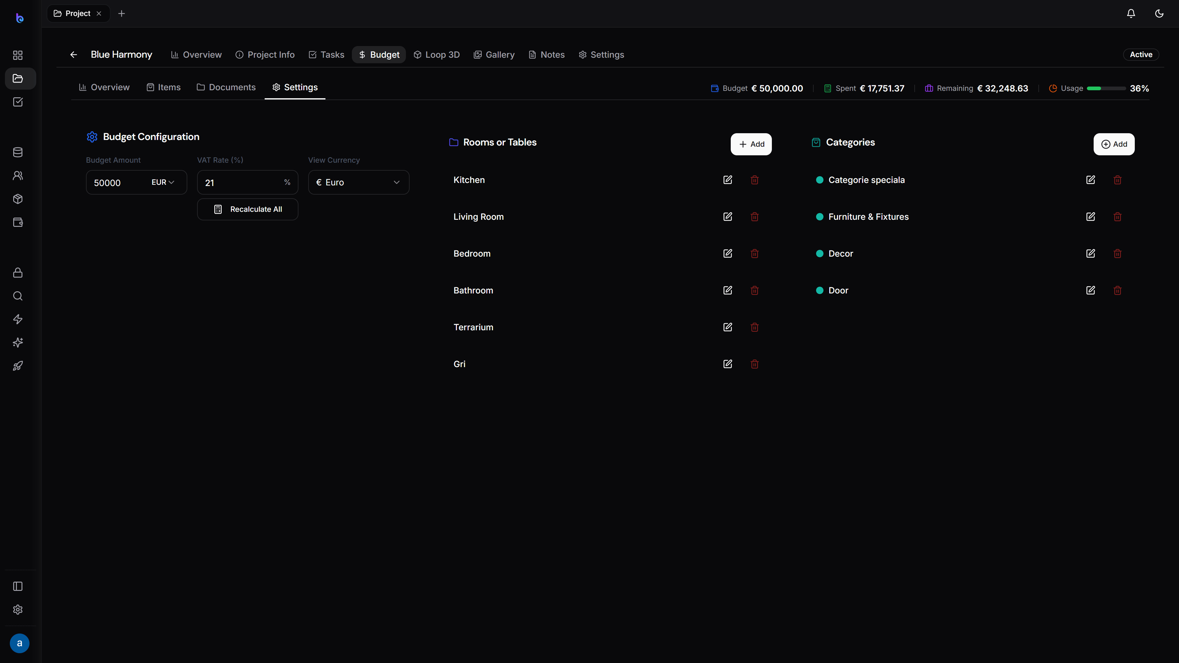 Budget template settings — dark