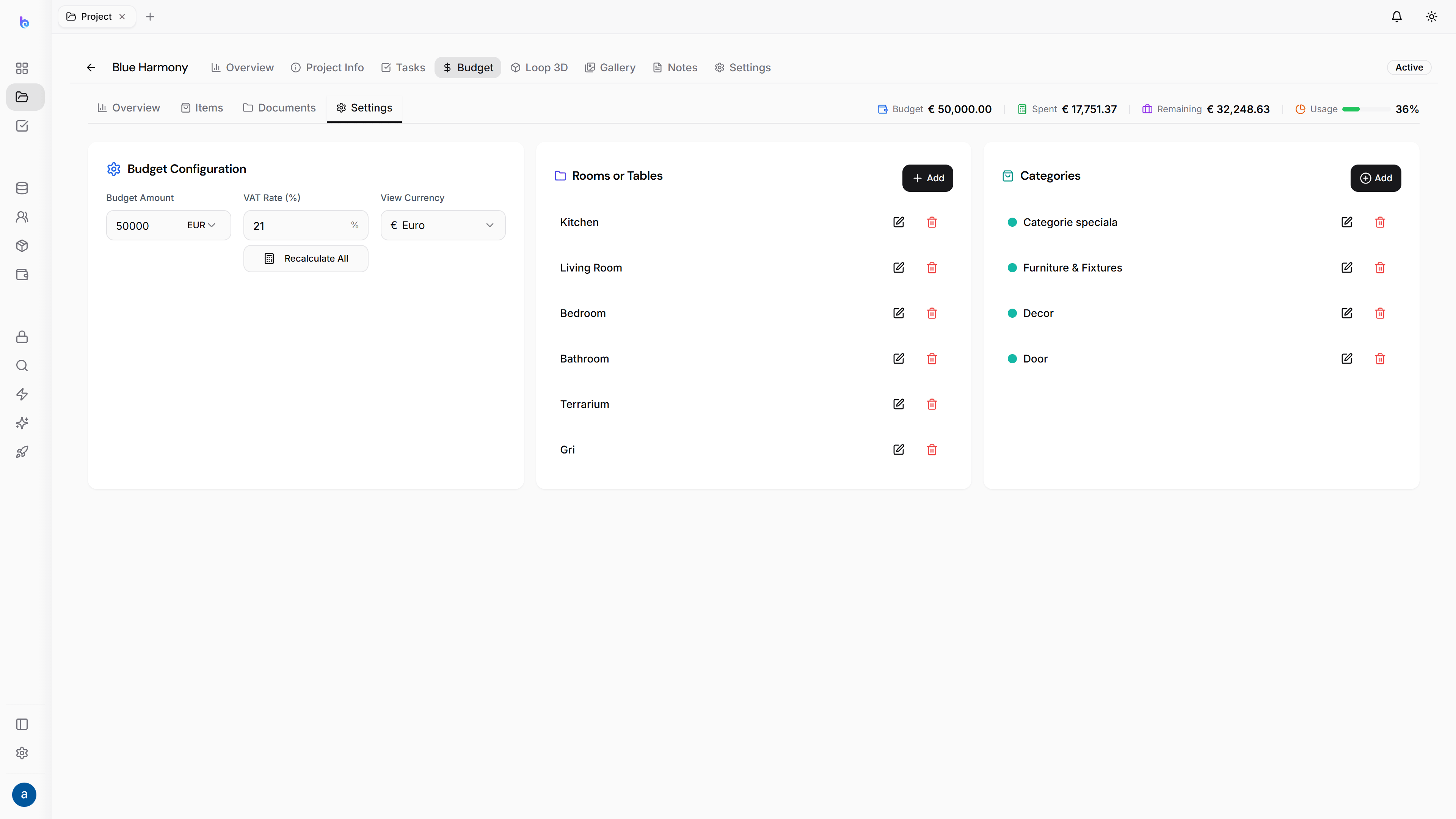 Budget template settings — light