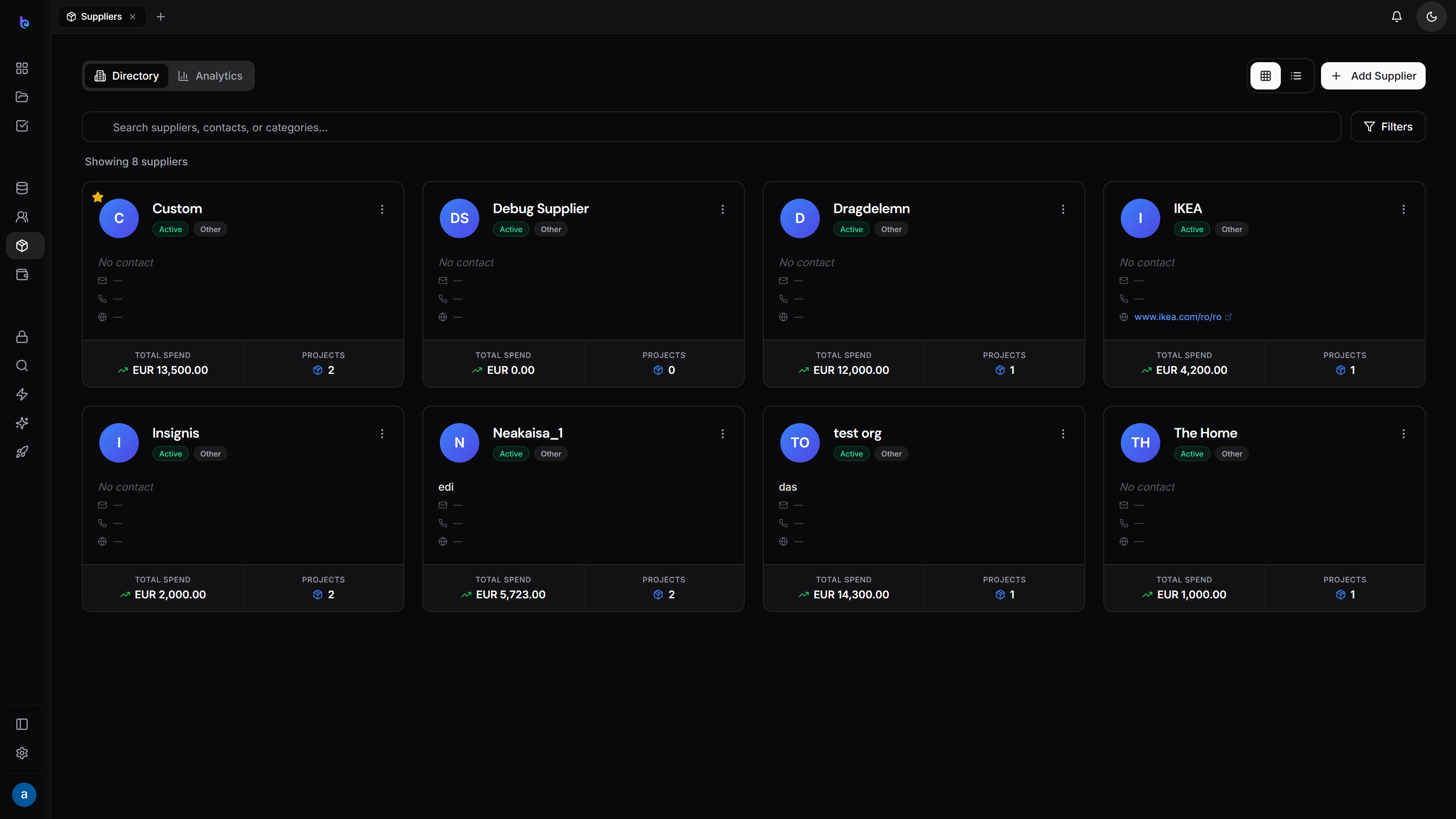 Supplier directory — dark