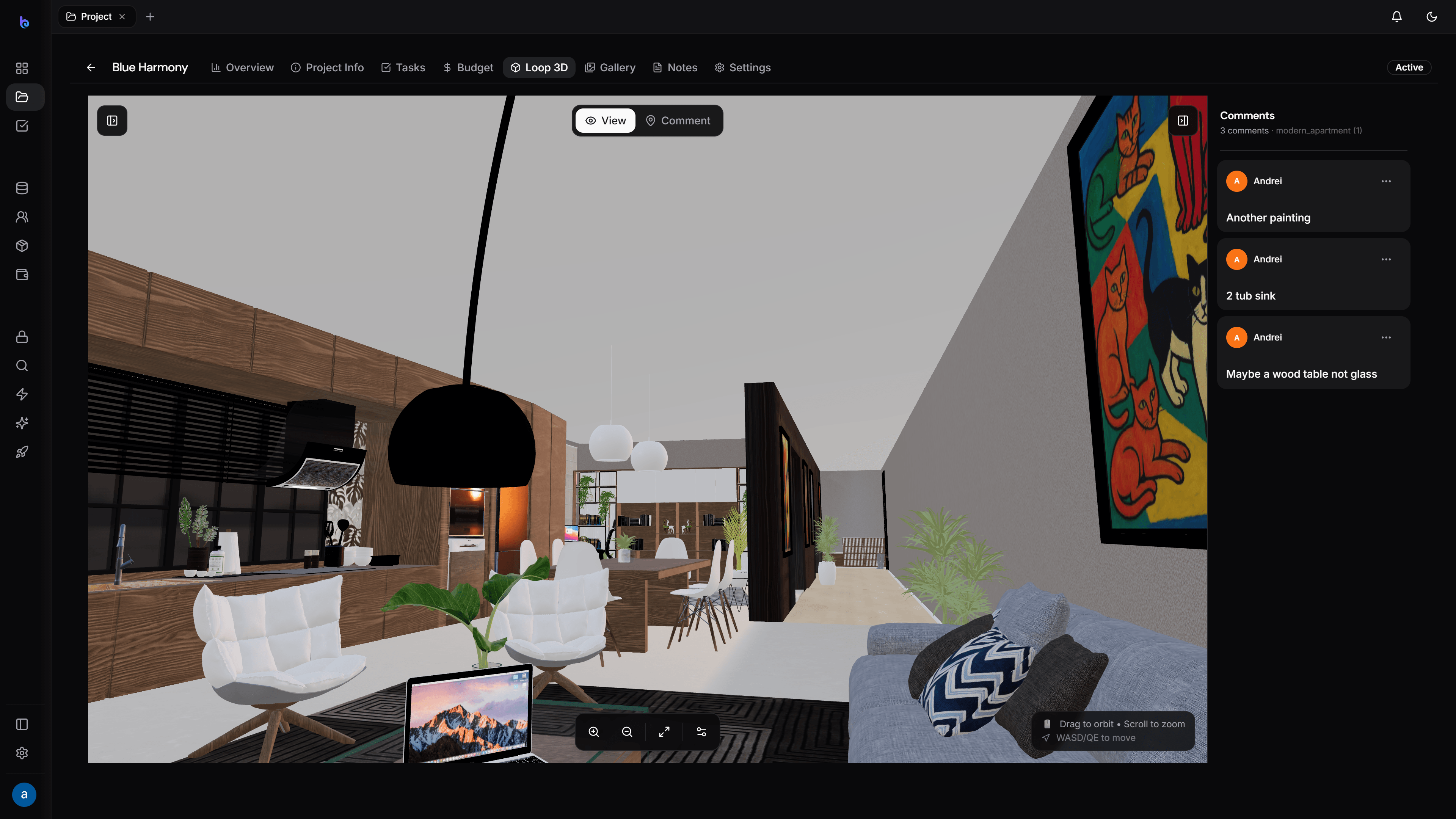 Comment thread on a 3D model — dark