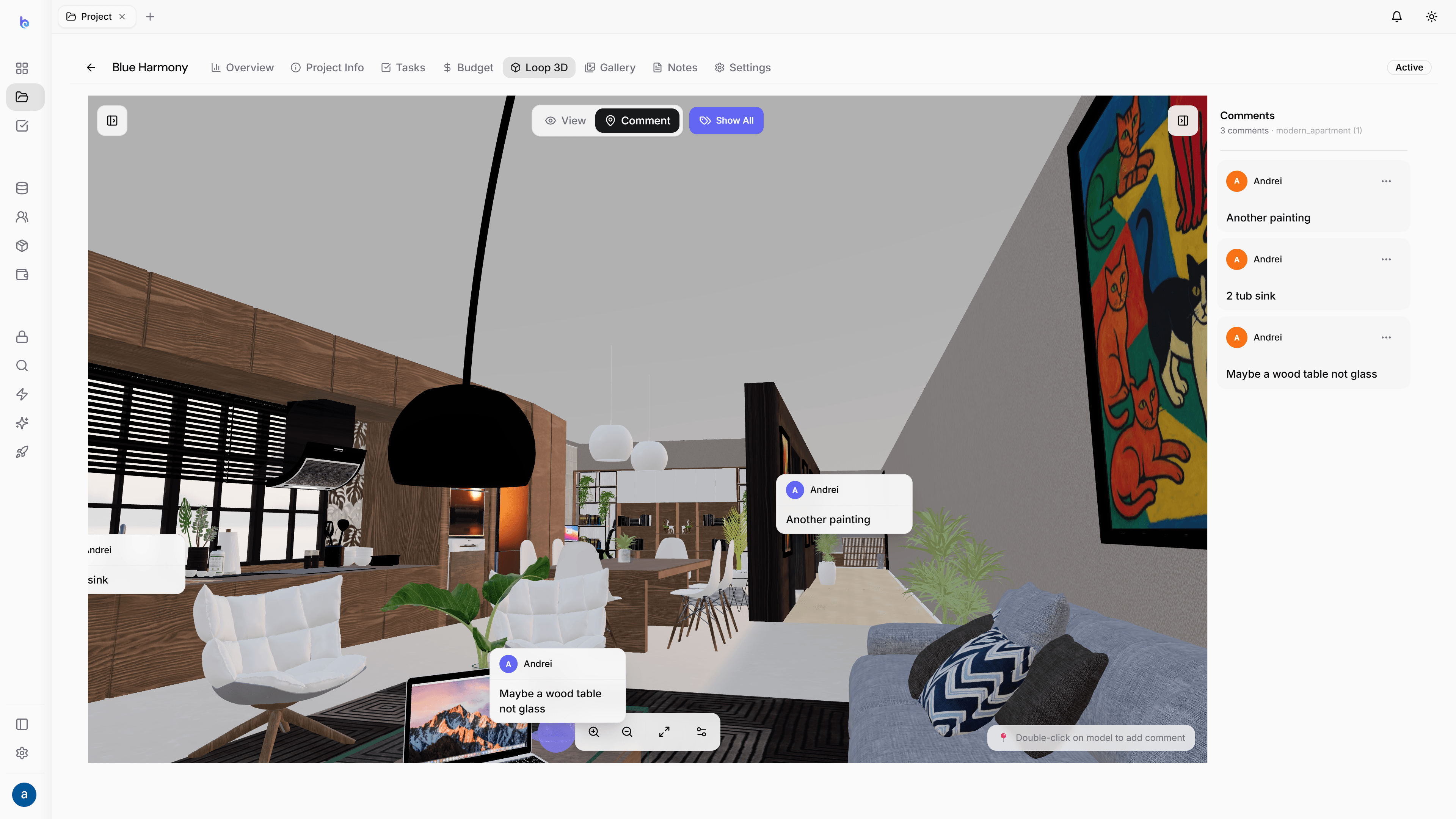 Comment thread on a 3D model — light